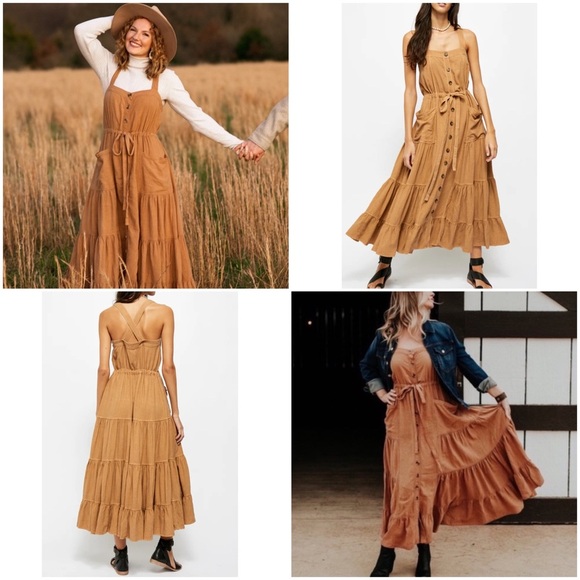 Free People Catch The Breeze Button Tiered Midi Dress Amber Wave Neutral Tan S - Picture 5 of 15